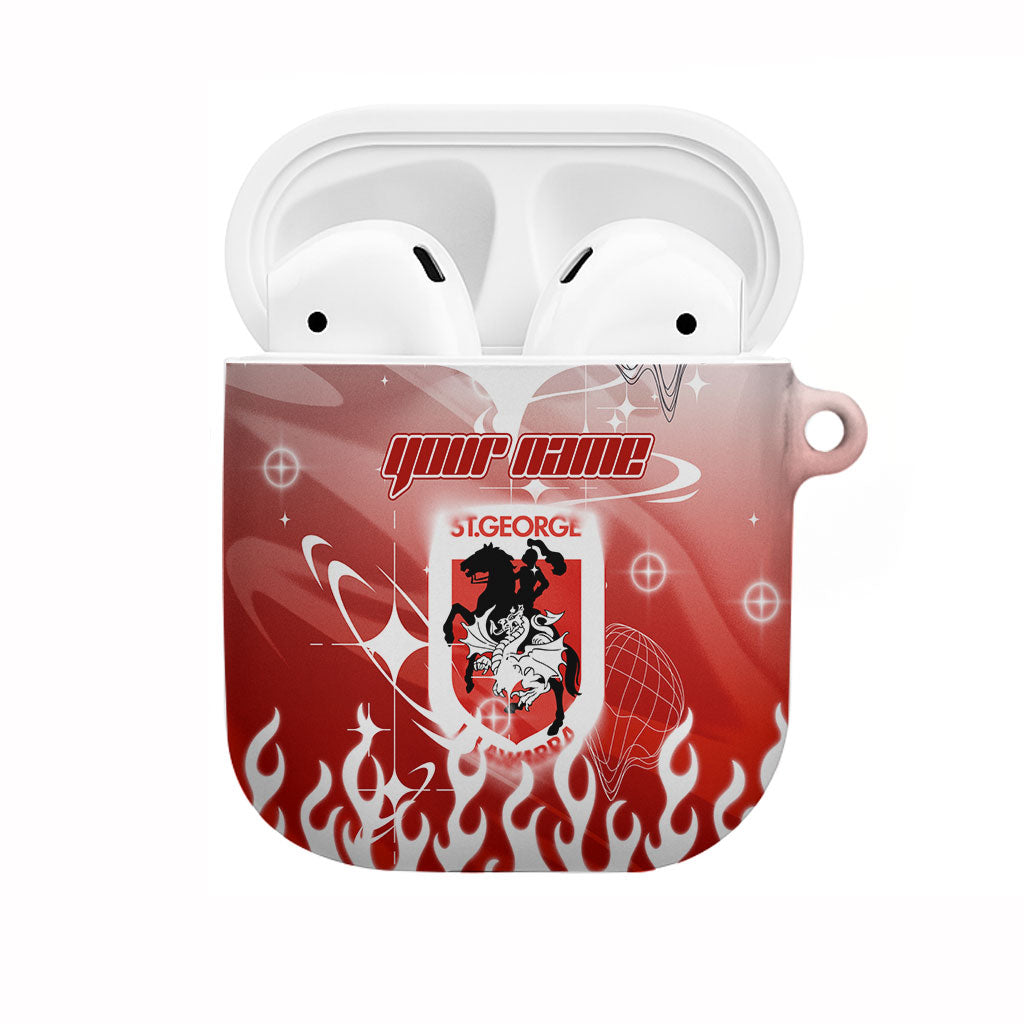 Personalized St. George Illawarra Dragons AirPods Case Y2K Grunge Aesthetic With Cyber Flames and Starburst Graphics