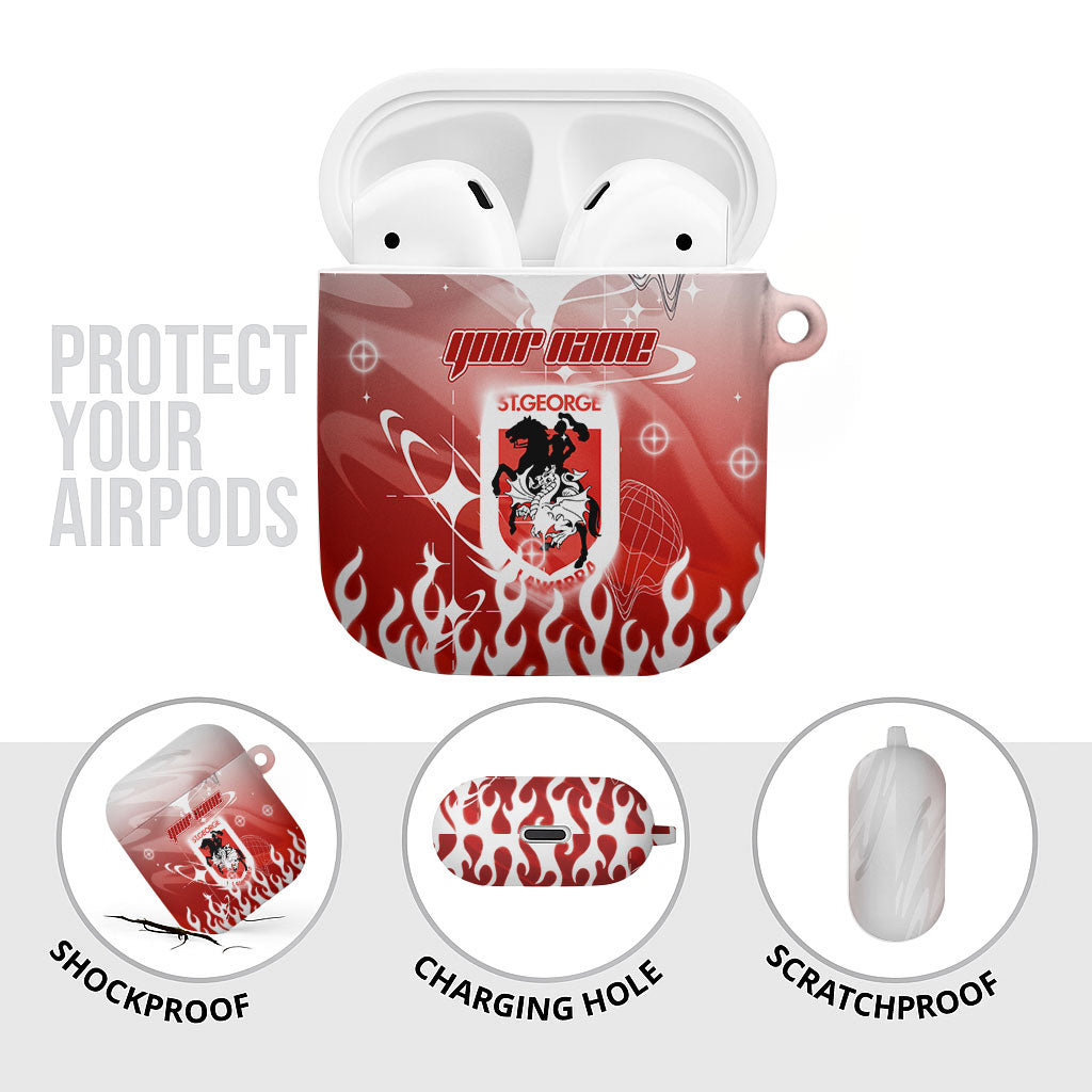 Personalized St. George Illawarra Dragons AirPods Case Y2K Grunge Aesthetic With Cyber Flames and Starburst Graphics