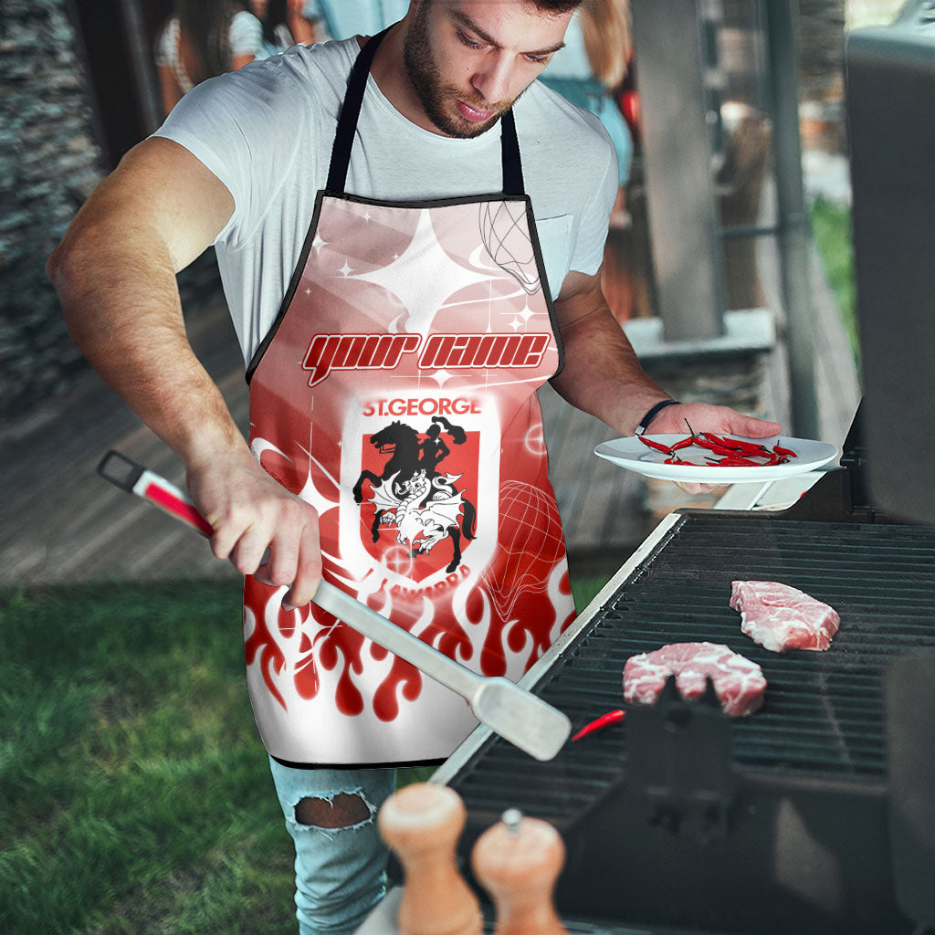 Personalized St. George Illawarra Dragons Apron Y2K Grunge Aesthetic With Cyber Flames and Starburst Graphics