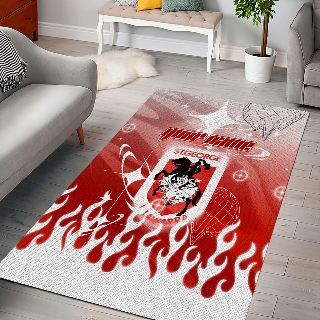 Personalized St. George Illawarra Dragons Area Rug Y2K Grunge Aesthetic With Cyber Flames and Starburst Graphics