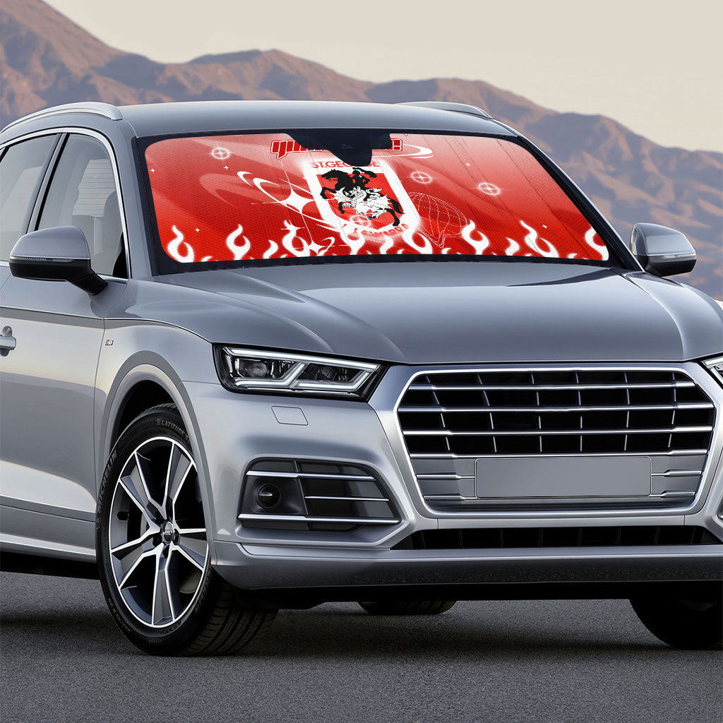 Personalized St. George Illawarra Dragons Auto Sun Shade Y2K Grunge Aesthetic With Cyber Flames and Starburst Graphics