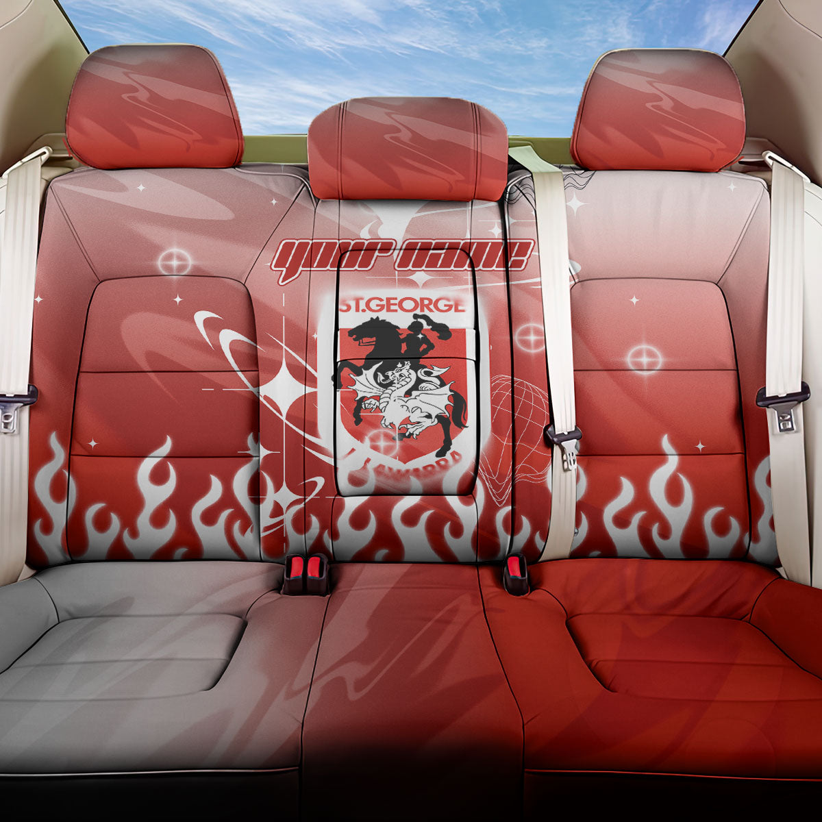 Personalized St. George Illawarra Dragons Back Car Seat Cover Y2K Grunge Aesthetic With Cyber Flames and Starburst Graphics