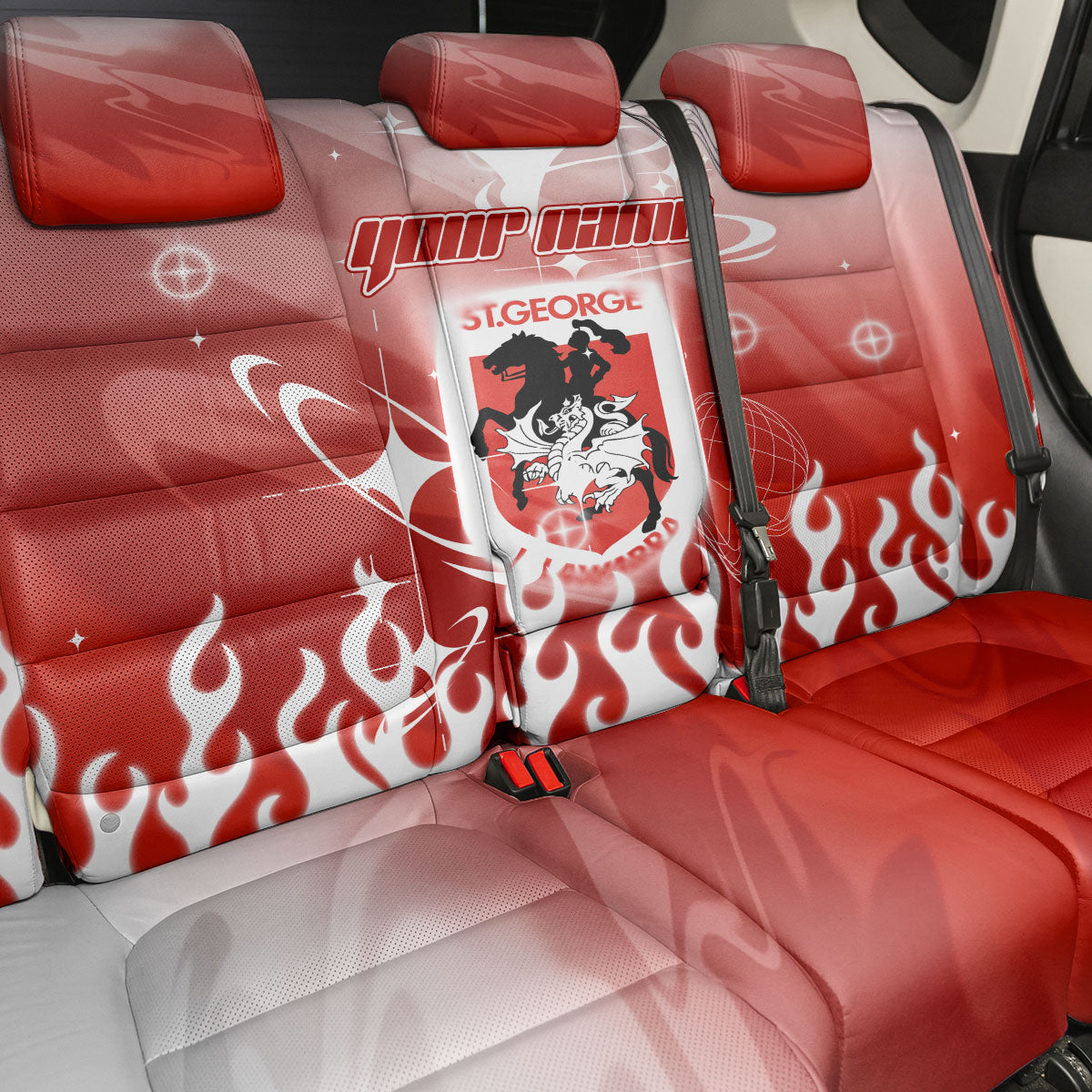 Personalized St. George Illawarra Dragons Back Car Seat Cover Y2K Grunge Aesthetic With Cyber Flames and Starburst Graphics