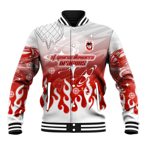 Personalized St. George Illawarra Dragons Baseball Jacket Y2K Grunge Aesthetic With Cyber Flames and Starburst Graphics