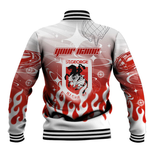 Personalized St. George Illawarra Dragons Baseball Jacket Y2K Grunge Aesthetic With Cyber Flames and Starburst Graphics