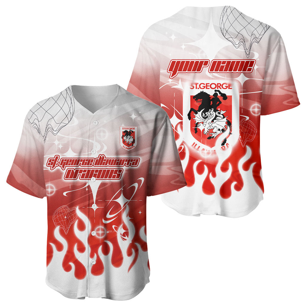 Personalized St. George Illawarra Dragons Baseball Jersey Y2K Grunge Aesthetic With Cyber Flames and Starburst Graphics