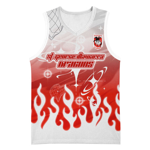 Personalized St. George Illawarra Dragons Basketball Jersey Y2K Grunge Aesthetic With Cyber Flames and Starburst Graphics