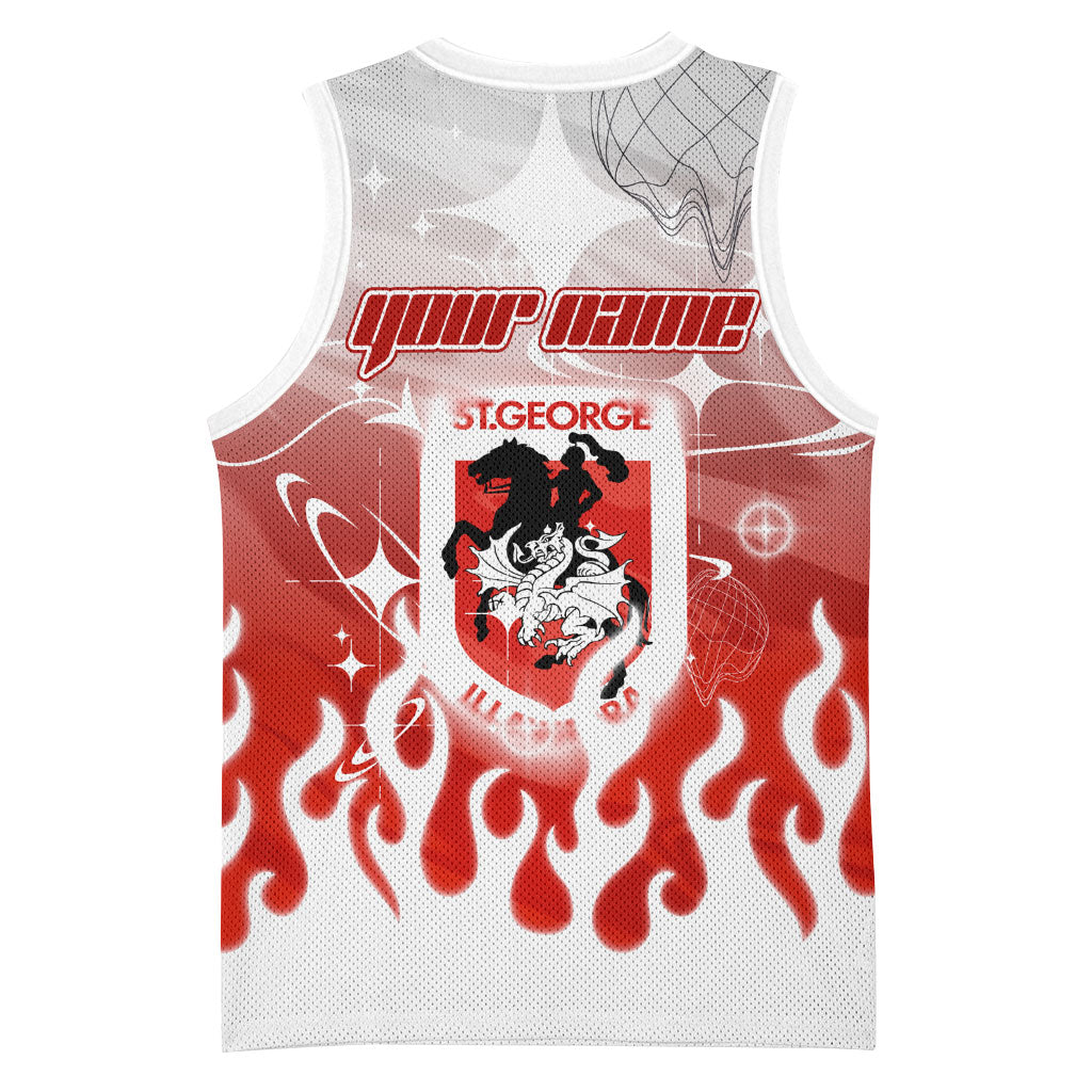 Personalized St. George Illawarra Dragons Basketball Jersey Y2K Grunge Aesthetic With Cyber Flames and Starburst Graphics