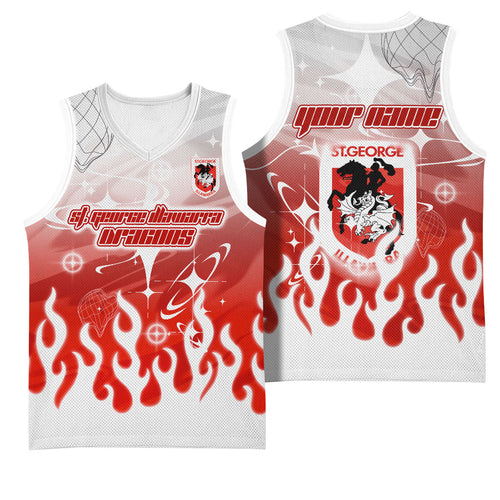 Personalized St. George Illawarra Dragons Basketball Jersey Y2K Grunge Aesthetic With Cyber Flames and Starburst Graphics