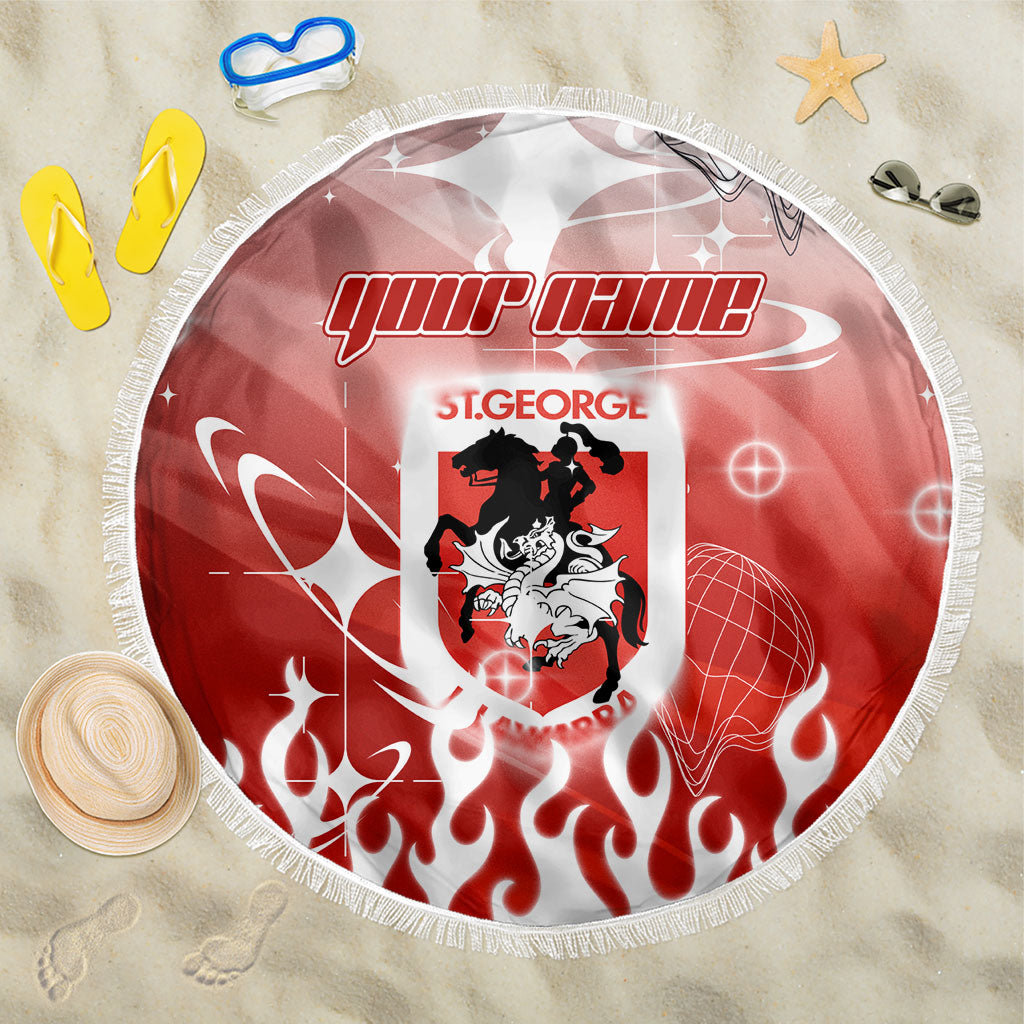 Personalized St. George Illawarra Dragons Beach Blanket Y2K Grunge Aesthetic With Cyber Flames and Starburst Graphics