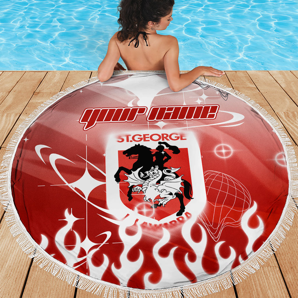 Personalized St. George Illawarra Dragons Beach Blanket Y2K Grunge Aesthetic With Cyber Flames and Starburst Graphics