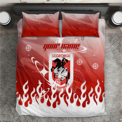 Personalized St. George Illawarra Dragons Bedding Set Y2K Grunge Aesthetic With Cyber Flames and Starburst Graphics