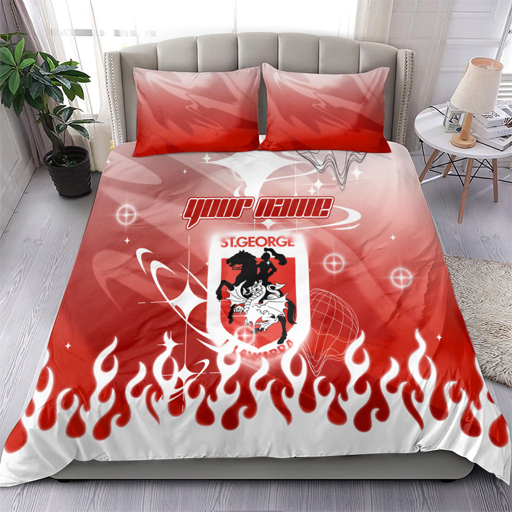 Personalized St. George Illawarra Dragons Bedding Set Y2K Grunge Aesthetic With Cyber Flames and Starburst Graphics