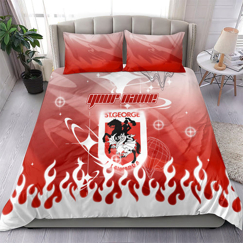 Personalized St. George Illawarra Dragons Bedding Set Y2K Grunge Aesthetic With Cyber Flames and Starburst Graphics