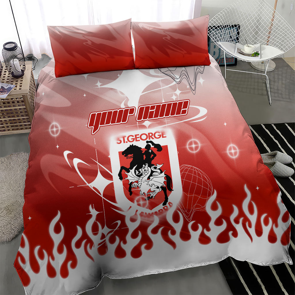 Personalized St. George Illawarra Dragons Bedding Set Y2K Grunge Aesthetic With Cyber Flames and Starburst Graphics