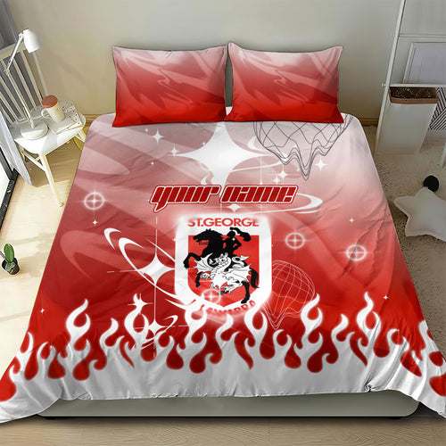 Personalized St. George Illawarra Dragons Bedding Set Y2K Grunge Aesthetic With Cyber Flames and Starburst Graphics