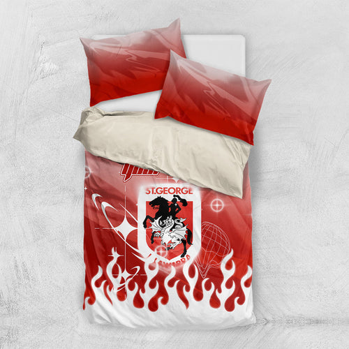 Personalized St. George Illawarra Dragons Bedding Set Y2K Grunge Aesthetic With Cyber Flames and Starburst Graphics