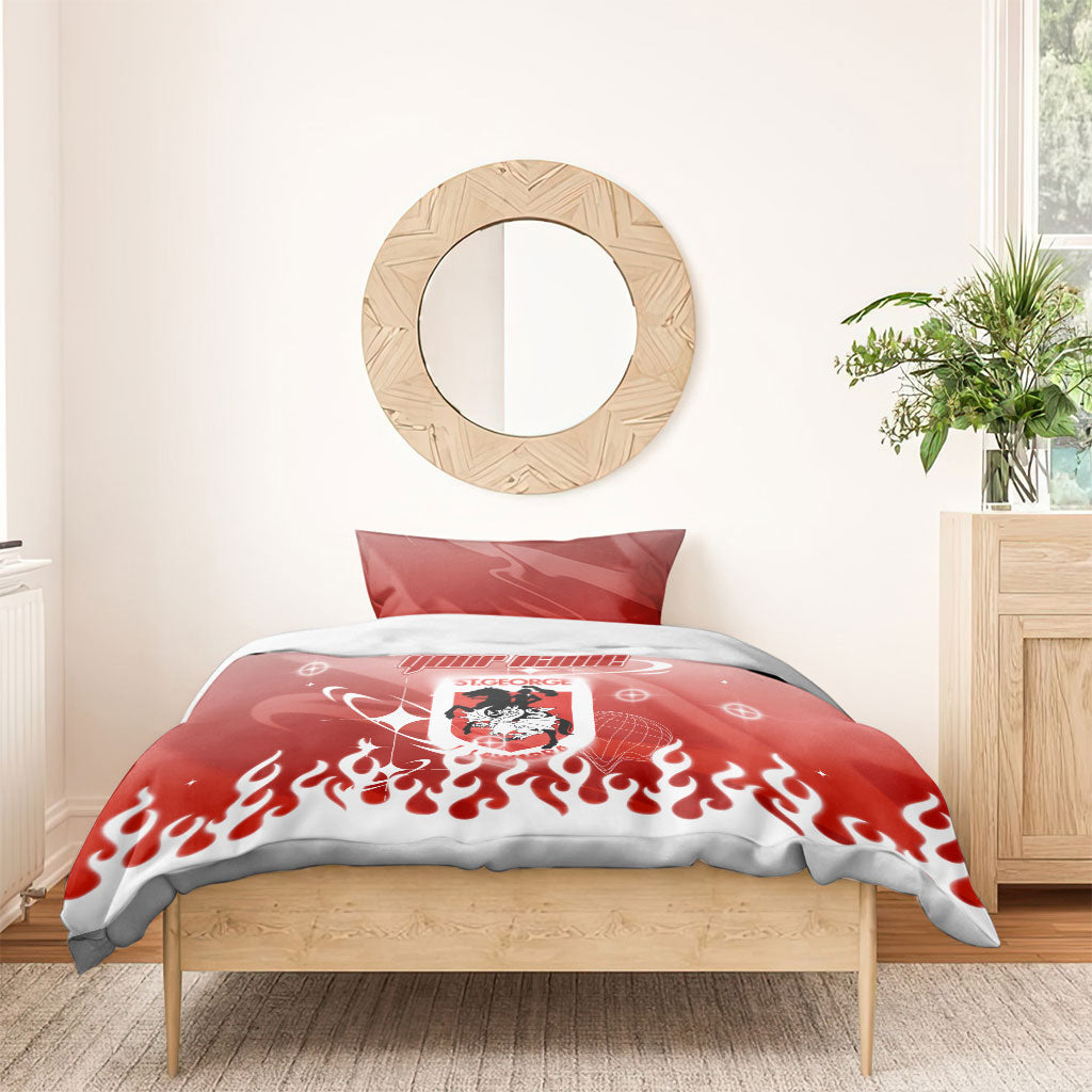Personalized St. George Illawarra Dragons Bedding Set Y2K Grunge Aesthetic With Cyber Flames and Starburst Graphics