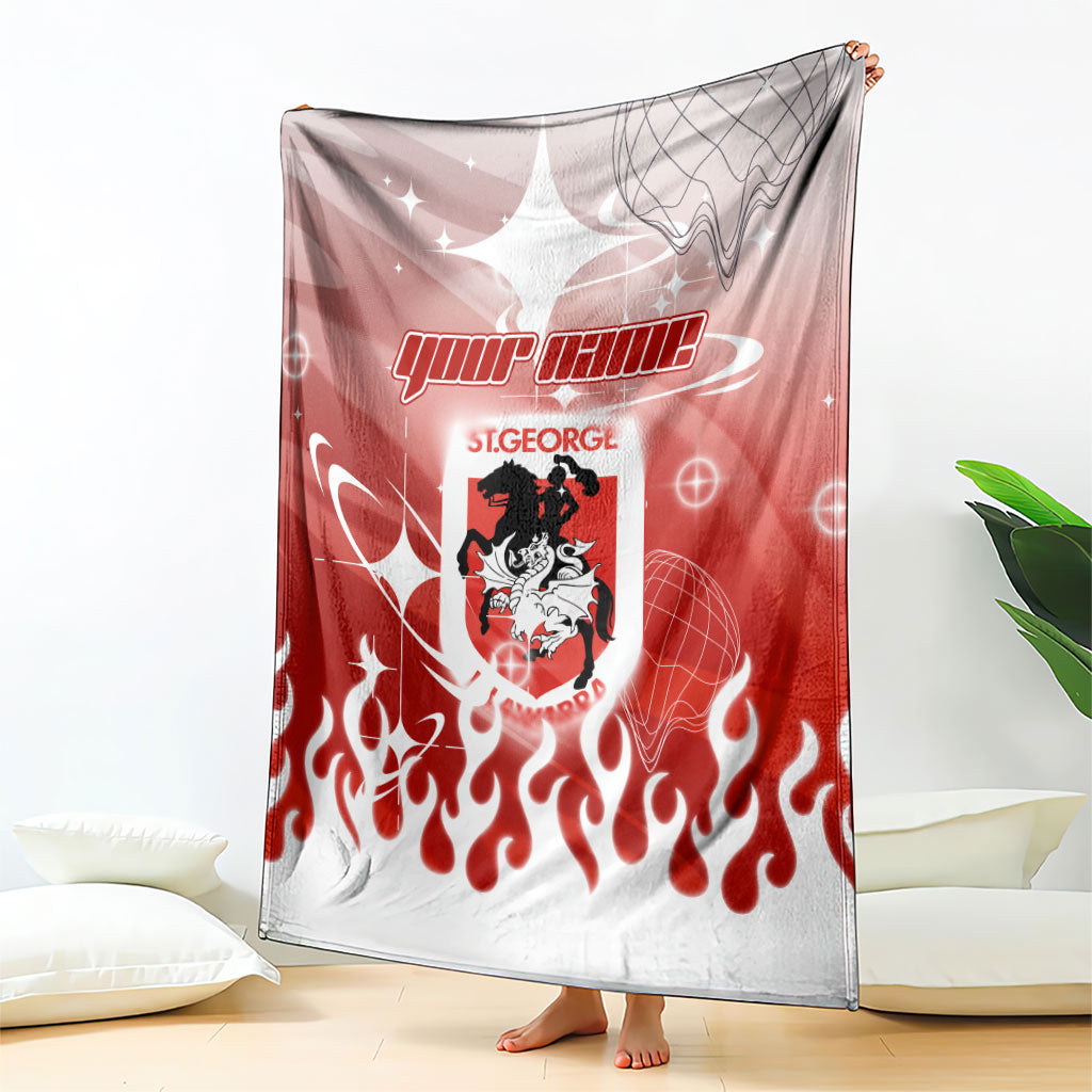 Personalized St. George Illawarra Dragons Blanket Y2K Grunge Aesthetic With Cyber Flames and Starburst Graphics