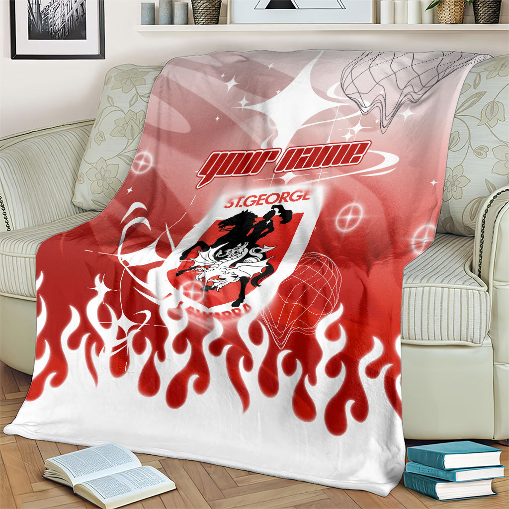Personalized St. George Illawarra Dragons Blanket Y2K Grunge Aesthetic With Cyber Flames and Starburst Graphics