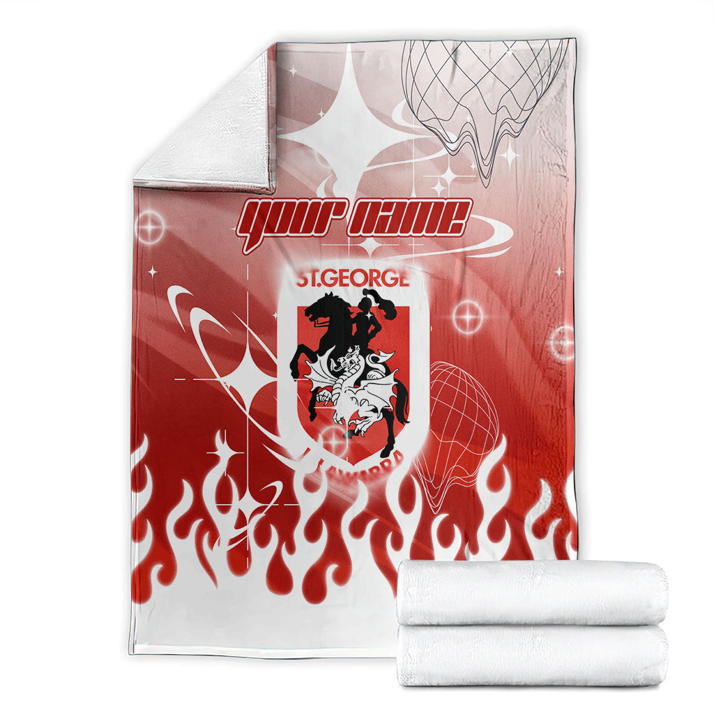 Personalized St. George Illawarra Dragons Blanket Y2K Grunge Aesthetic With Cyber Flames and Starburst Graphics