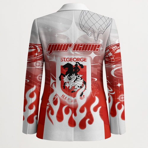 Personalized St. George Illawarra Dragons Blazer Y2K Grunge Aesthetic With Cyber Flames and Starburst Graphics