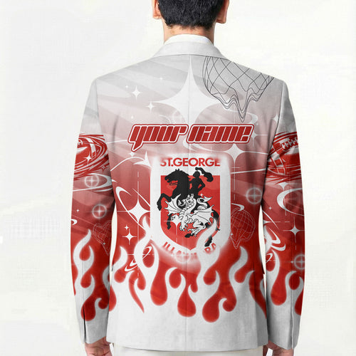 Personalized St. George Illawarra Dragons Blazer Y2K Grunge Aesthetic With Cyber Flames and Starburst Graphics