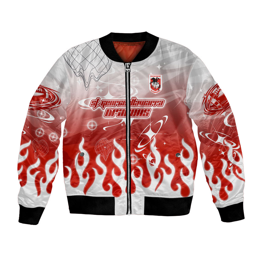 Personalized St. George Illawarra Dragons Bomber Jacket Y2K Grunge Aesthetic With Cyber Flames and Starburst Graphics