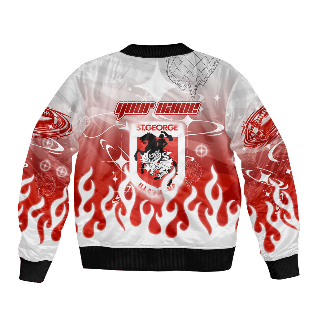 Personalized St. George Illawarra Dragons Bomber Jacket Y2K Grunge Aesthetic With Cyber Flames and Starburst Graphics