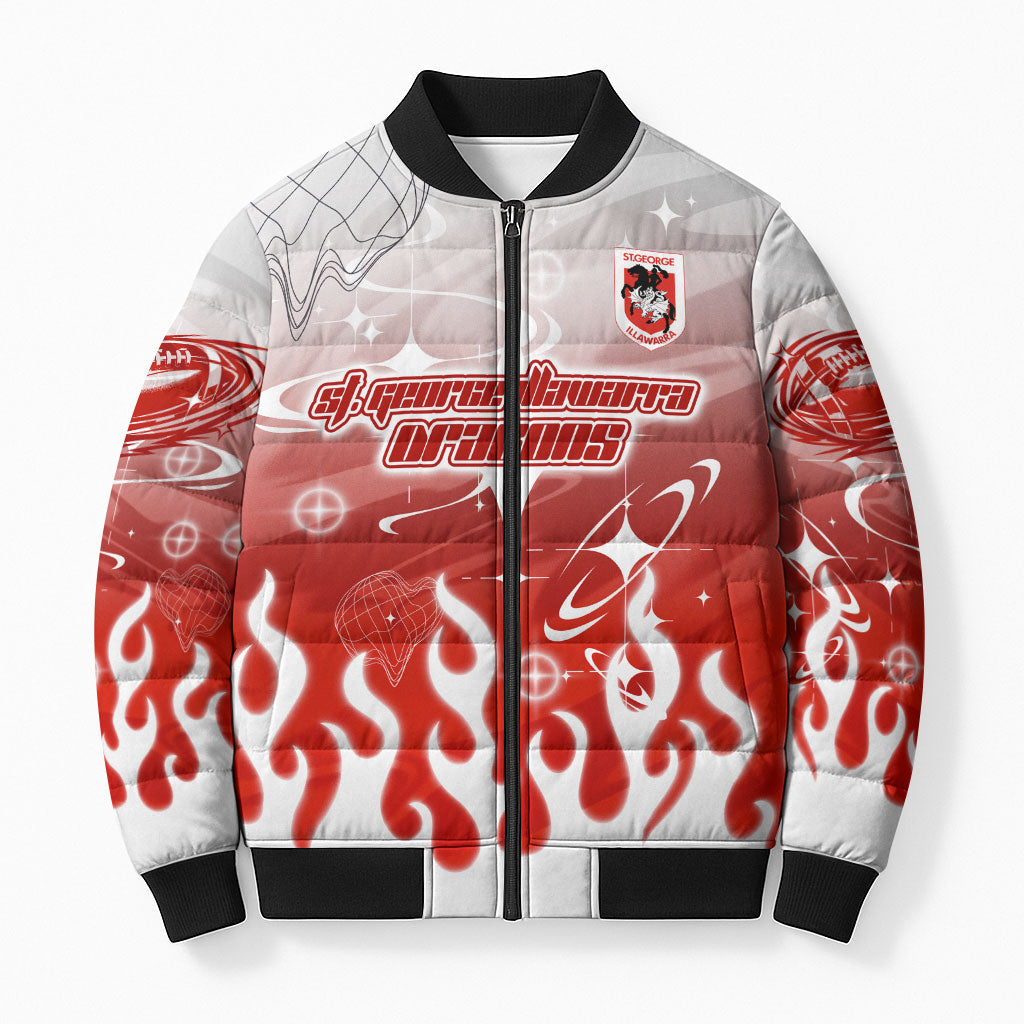 Personalized St. George Illawarra Dragons Bomber Puffer Jacket Y2K Grunge Aesthetic With Cyber Flames and Starburst Graphics