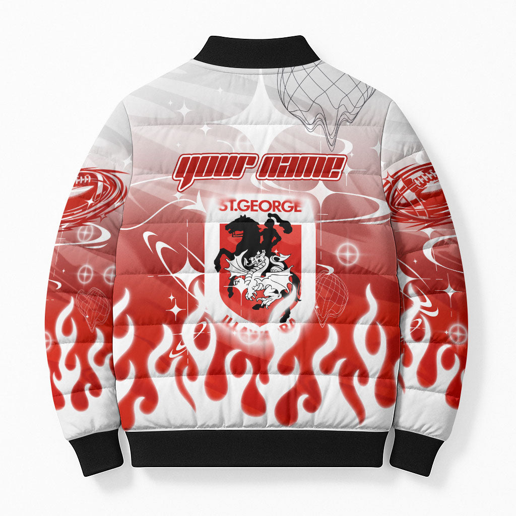 Personalized St. George Illawarra Dragons Bomber Puffer Jacket Y2K Grunge Aesthetic With Cyber Flames and Starburst Graphics