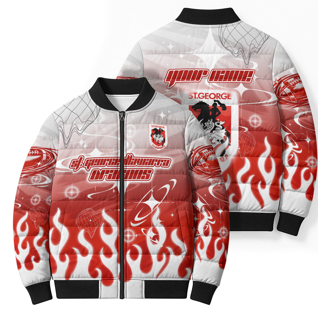 Personalized St. George Illawarra Dragons Bomber Puffer Jacket Y2K Grunge Aesthetic With Cyber Flames and Starburst Graphics