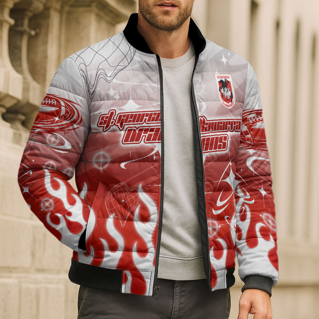 Personalized St. George Illawarra Dragons Bomber Puffer Jacket Y2K Grunge Aesthetic With Cyber Flames and Starburst Graphics