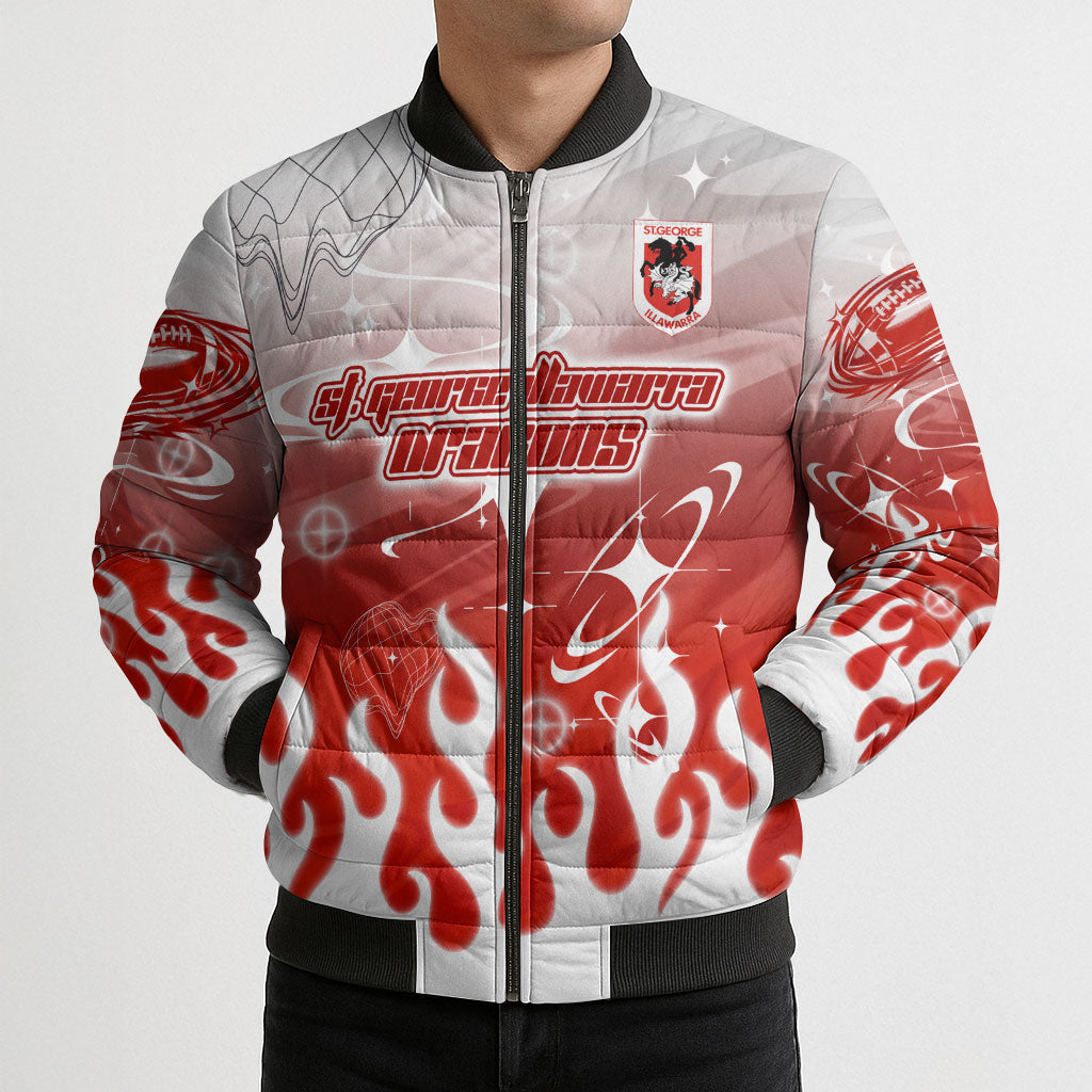 Personalized St. George Illawarra Dragons Bomber Puffer Jacket Y2K Grunge Aesthetic With Cyber Flames and Starburst Graphics
