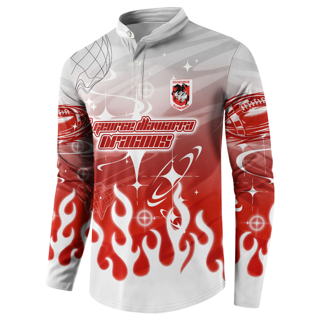 Personalized St. George Illawarra Dragons Button Sweatshirt Y2K Grunge Aesthetic With Cyber Flames and Starburst Graphics