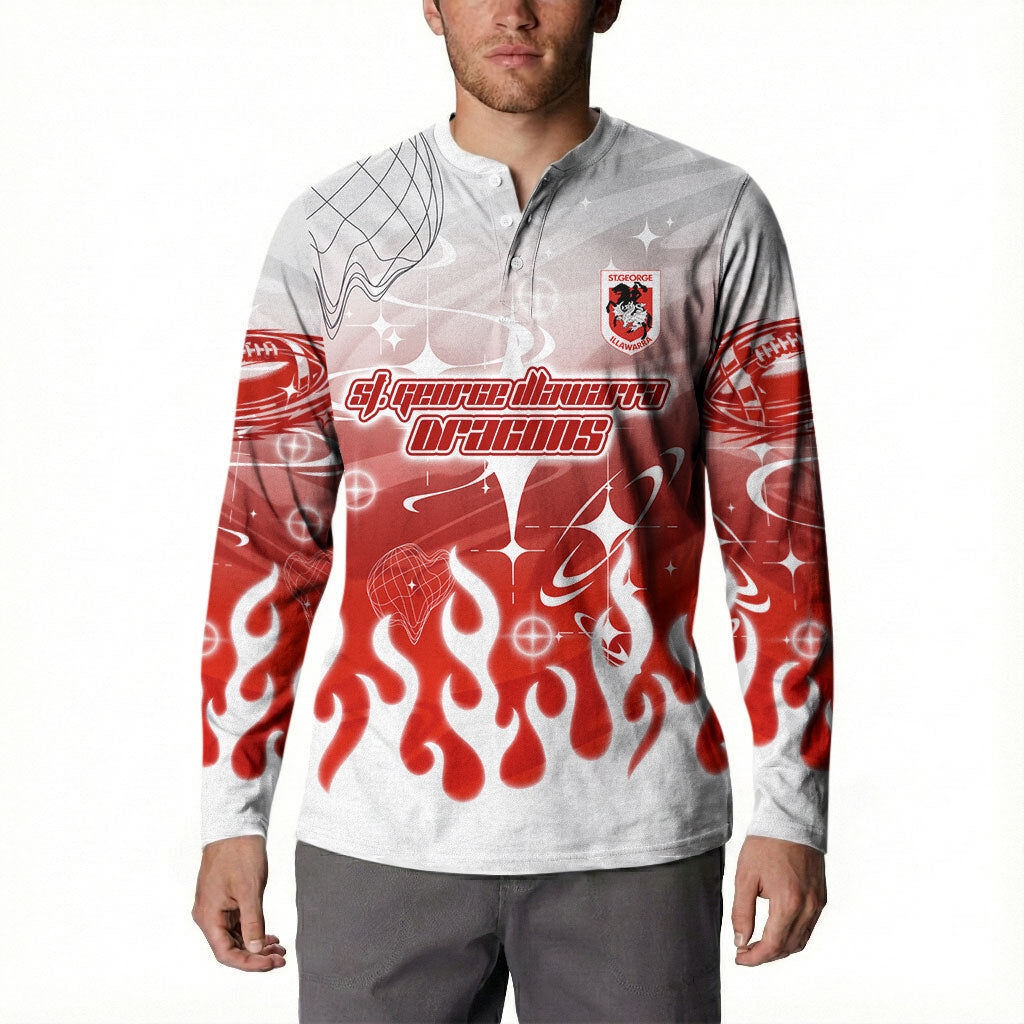 Personalized St. George Illawarra Dragons Button Sweatshirt Y2K Grunge Aesthetic With Cyber Flames and Starburst Graphics