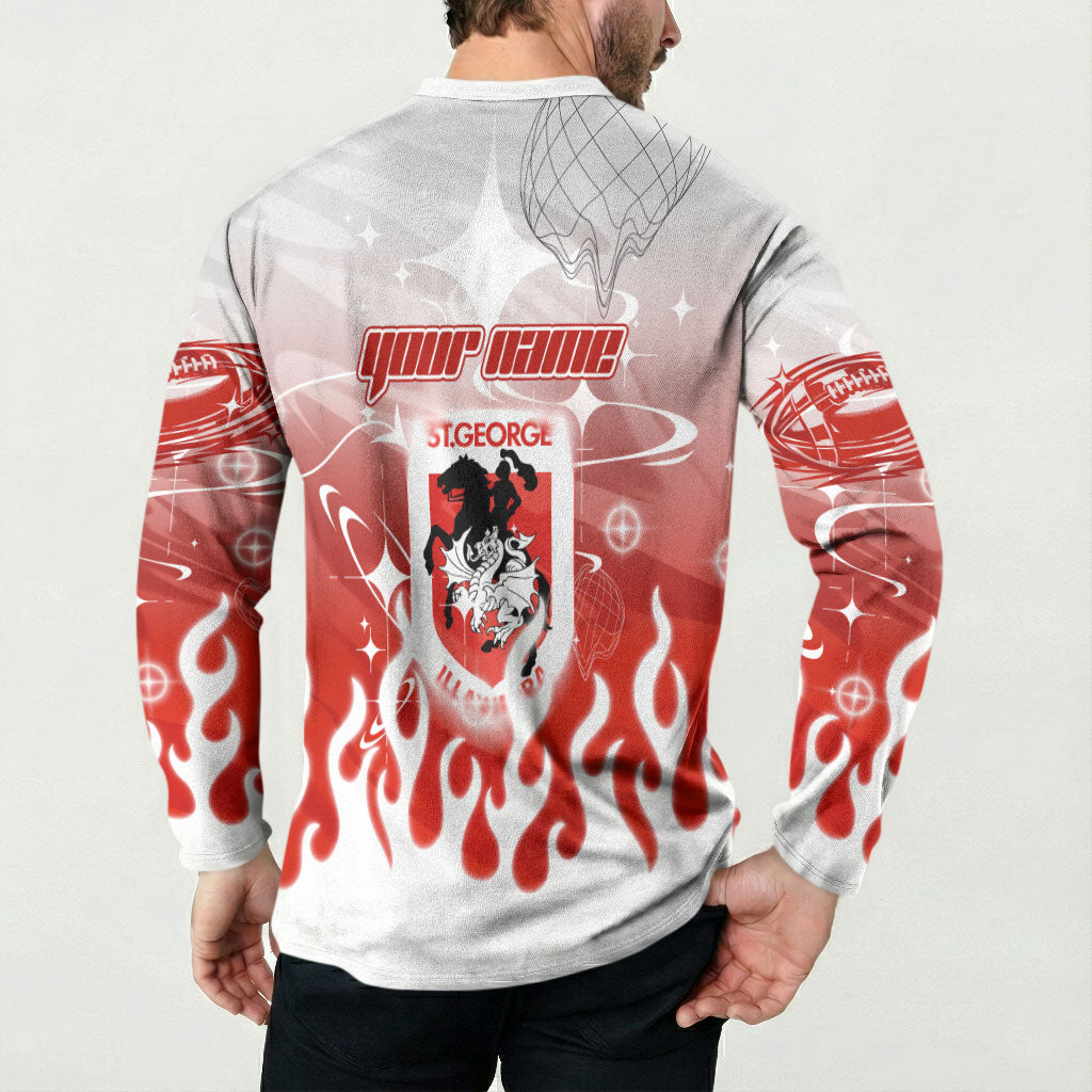 Personalized St. George Illawarra Dragons Button Sweatshirt Y2K Grunge Aesthetic With Cyber Flames and Starburst Graphics