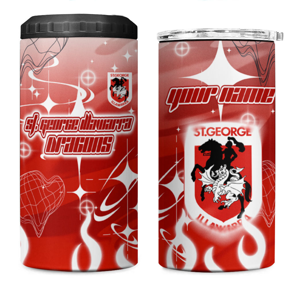 Personalized St. George Illawarra Dragons 4 in 1 Can Cooler Tumbler Y2K Grunge Aesthetic With Cyber Flames and Starburst Graphics
