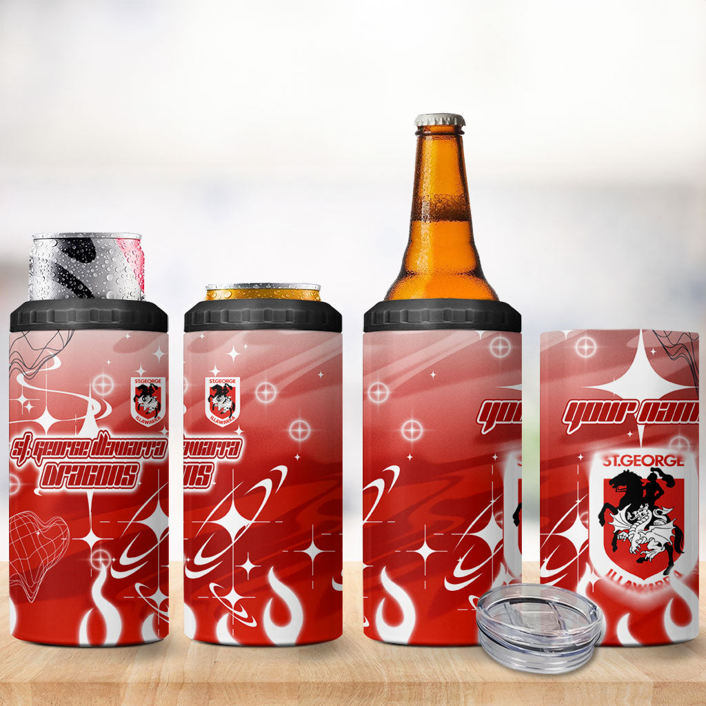 Personalized St. George Illawarra Dragons 4 in 1 Can Cooler Tumbler Y2K Grunge Aesthetic With Cyber Flames and Starburst Graphics