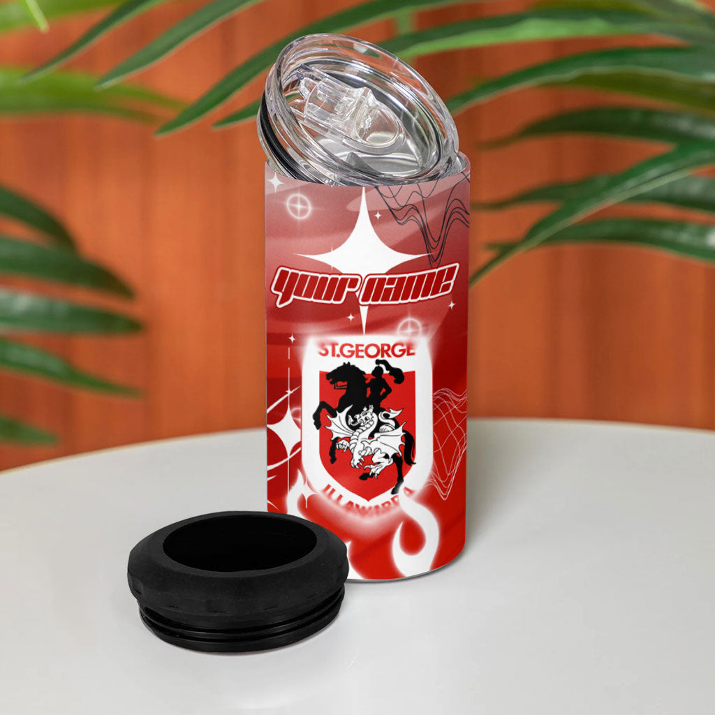 Personalized St. George Illawarra Dragons 4 in 1 Can Cooler Tumbler Y2K Grunge Aesthetic With Cyber Flames and Starburst Graphics