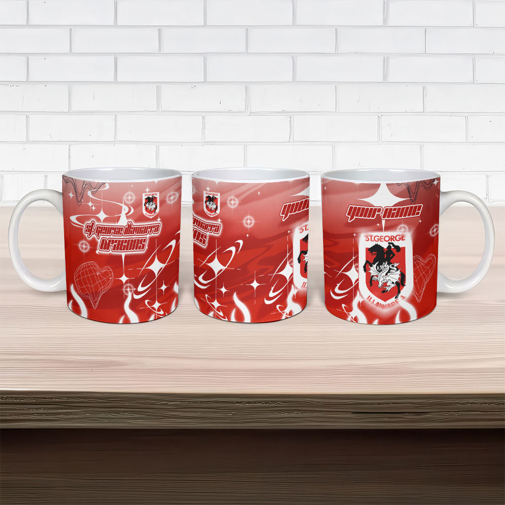 Personalized St. George Illawarra Dragons Ceramic Mug Y2K Grunge Aesthetic With Cyber Flames and Starburst Graphics