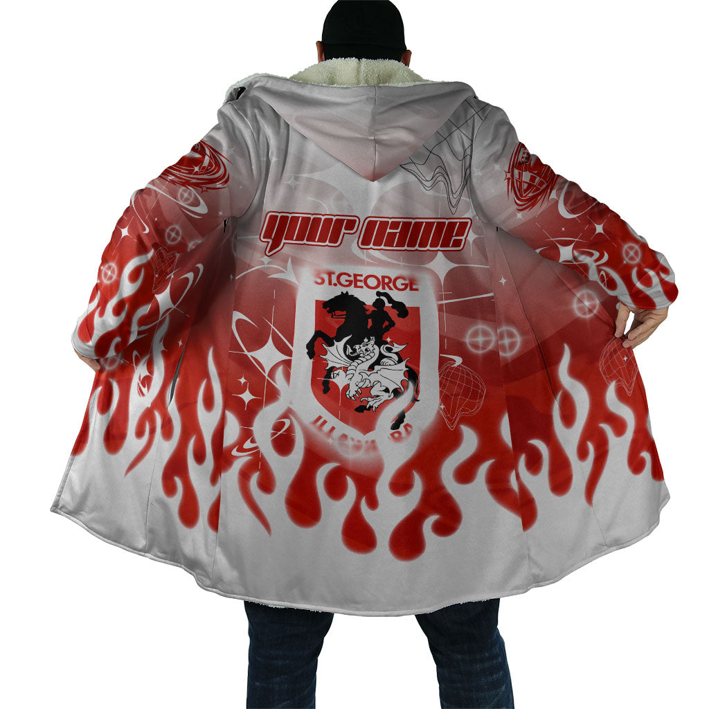 Personalized St. George Illawarra Dragons Cloak Y2K Grunge Aesthetic With Cyber Flames and Starburst Graphics