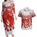 Personalized St. George Illawarra Dragons Couples Matching Long Sleeve Bodycon Dress and Hawaiian Shirt Y2K Grunge Aesthetic With Cyber Flames and Starburst Graphics