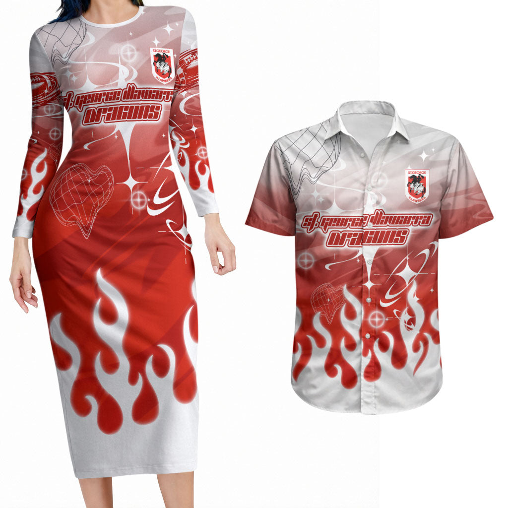 Personalized St. George Illawarra Dragons Couples Matching Long Sleeve Bodycon Dress and Hawaiian Shirt Y2K Grunge Aesthetic With Cyber Flames and Starburst Graphics
