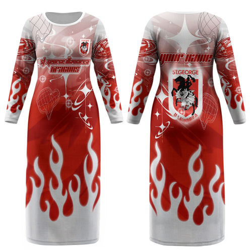 Personalized St. George Illawarra Dragons Couples Matching Long Sleeve Bodycon Dress and Hawaiian Shirt Y2K Grunge Aesthetic With Cyber Flames and Starburst Graphics