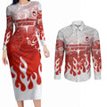 Personalized St. George Illawarra Dragons Couples Matching Long Sleeve Bodycon Dress and Long Sleeve Button Shirt Y2K Grunge Aesthetic With Cyber Flames and Starburst Graphics