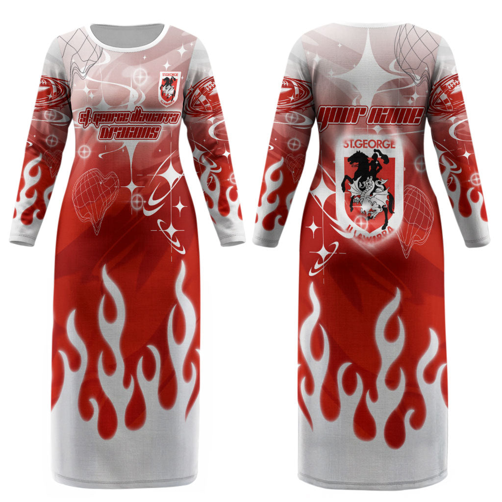 Personalized St. George Illawarra Dragons Couples Matching Long Sleeve Bodycon Dress and Long Sleeve Button Shirt Y2K Grunge Aesthetic With Cyber Flames and Starburst Graphics