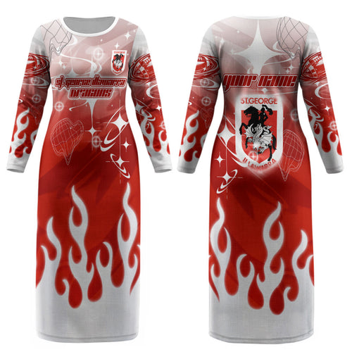 Personalized St. George Illawarra Dragons Couples Matching Long Sleeve Bodycon Dress and Long Sleeve Button Shirt Y2K Grunge Aesthetic With Cyber Flames and Starburst Graphics
