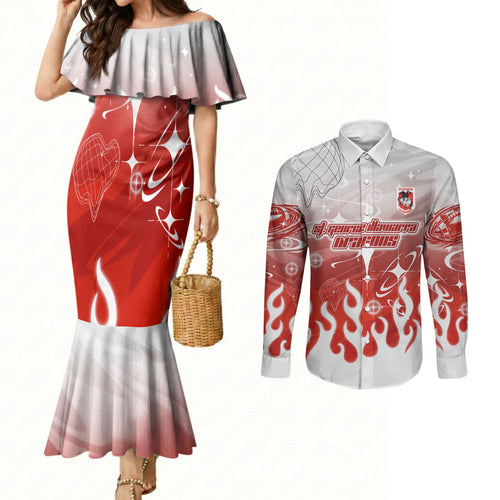 Personalized St. George Illawarra Dragons Couples Matching Mermaid Dress and Long Sleeve Button Shirt Y2K Grunge Aesthetic With Cyber Flames and Starburst Graphics