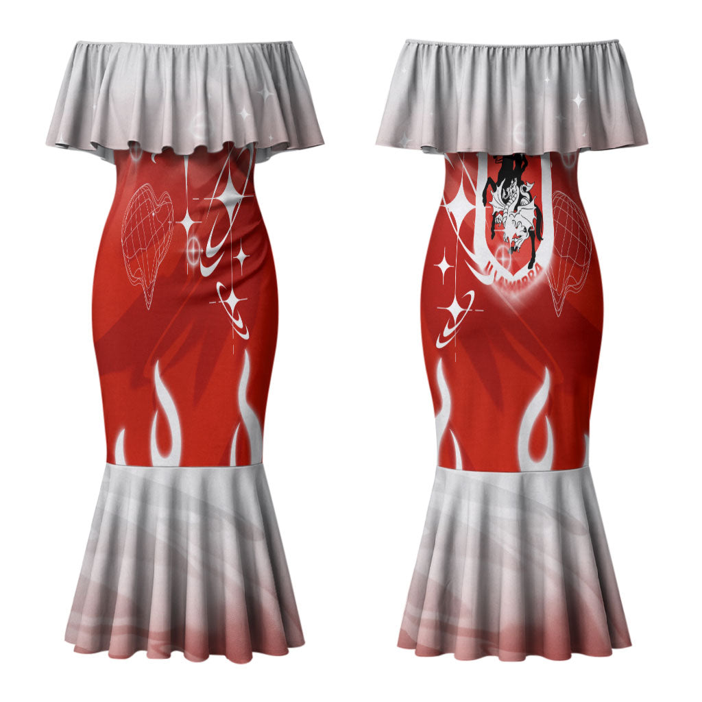 Personalized St. George Illawarra Dragons Couples Matching Mermaid Dress and Long Sleeve Button Shirt Y2K Grunge Aesthetic With Cyber Flames and Starburst Graphics